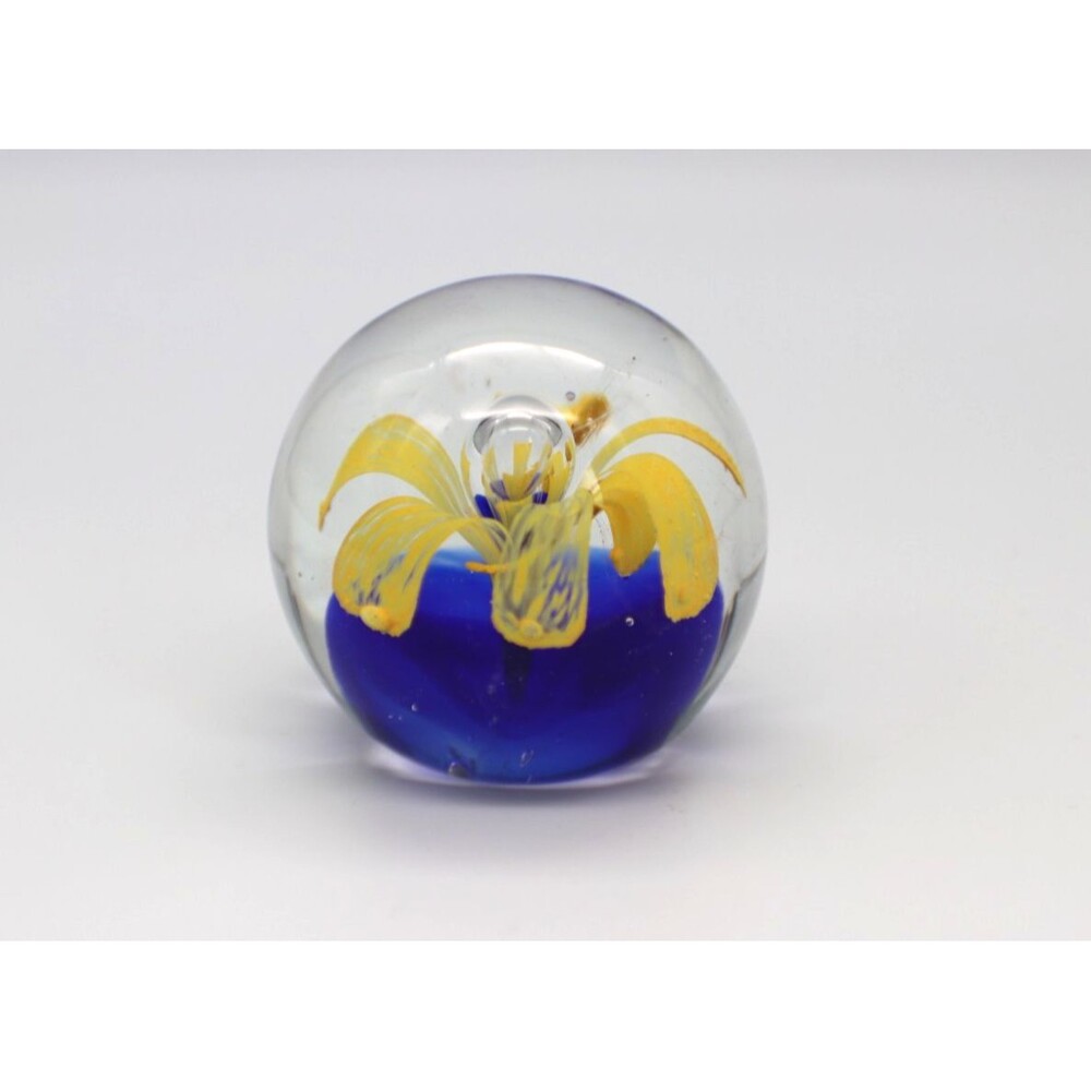 Art Glass Orb Paperweight Clear Yellow Lily Blue Base Flower Floral Bubble 2.5"